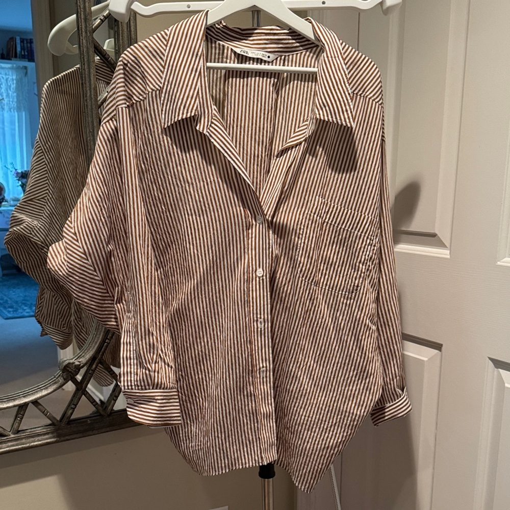 Zara Brown Striped Button Down Shirt